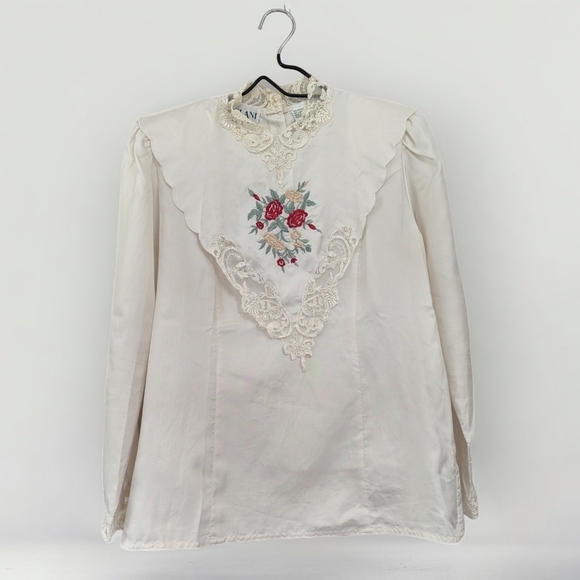 Vintage Victorian Revival Satin Embroidery Bib Collar Top Cottagecore - Picture 3 of 12